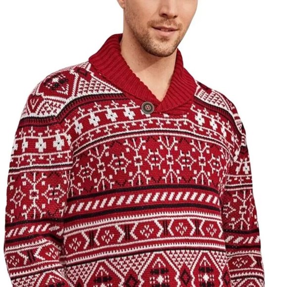Red Christmas Sweater for Men Fair Isle Knitted Sweater - Full Sleeve Collared - Picture 8 of 11
